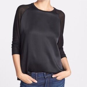 Vince Mixed Media Silk Modal Cashmere Raglan Sleeve Black Sheer Long Sleeved Top
